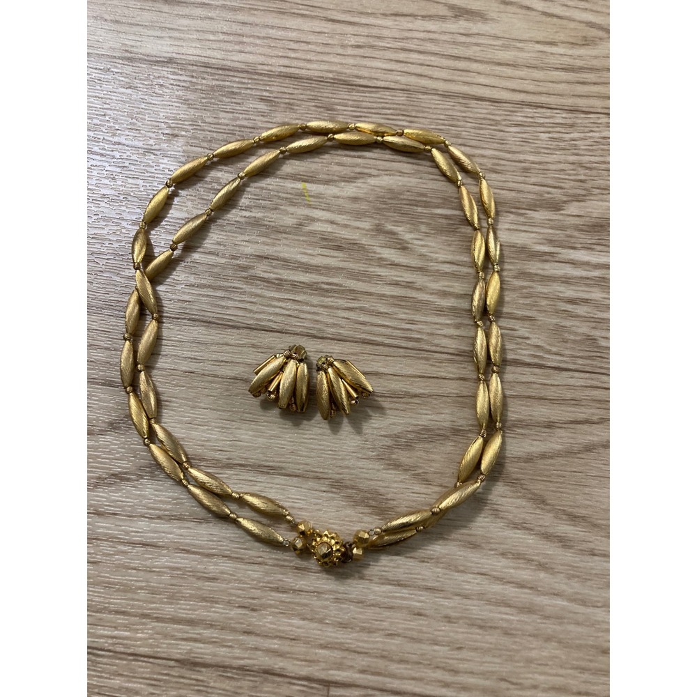 West Germany Jewelry Set Womens Gold Double Strand Necklace Clip Earrings